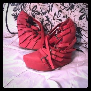 Jeffrey Campbell red leather buckle wedges